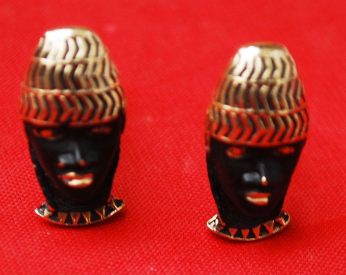 Tribal Face Cuff links Black Gold Mask blackamoor Matching cuff link and Tie Pin Swank