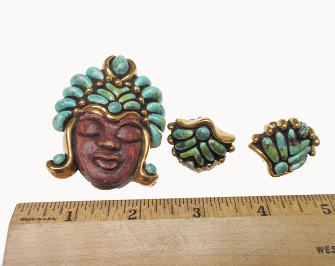 Boho Ceramic tribal face brooch and earring set