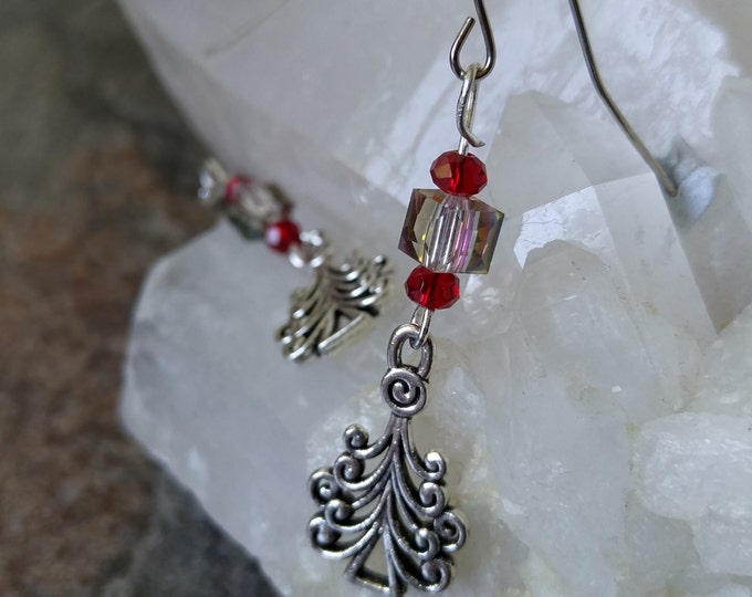 Christmas tree earrings, Winter earrings Crystal dangle earrings, Christmas gift jewelry secret Santa gift Stocking stuffer jewelry