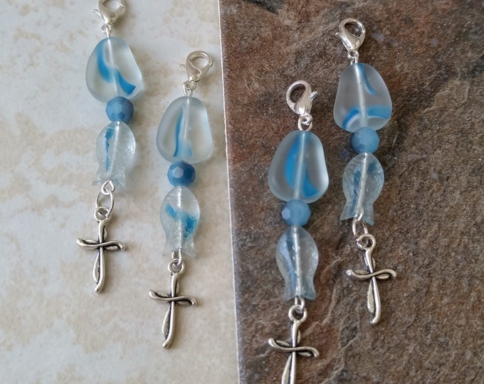 4 Cross Fish Glass charms - Special Sept Price, Jade Bead Blue Charm, Christian Gift, Handmade Keychain Charm, Scripture Charm