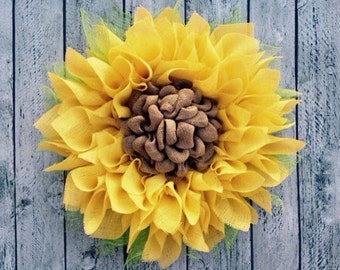 Yellow Sunflower Wreath, Burlap Sunflower Door Wreath, Fall Wreath, Summer Wreath, 25"