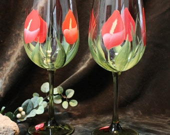 Hand Painted Wine Glasses (Set of 2) - Coral Red Callie Lily with Green Stem