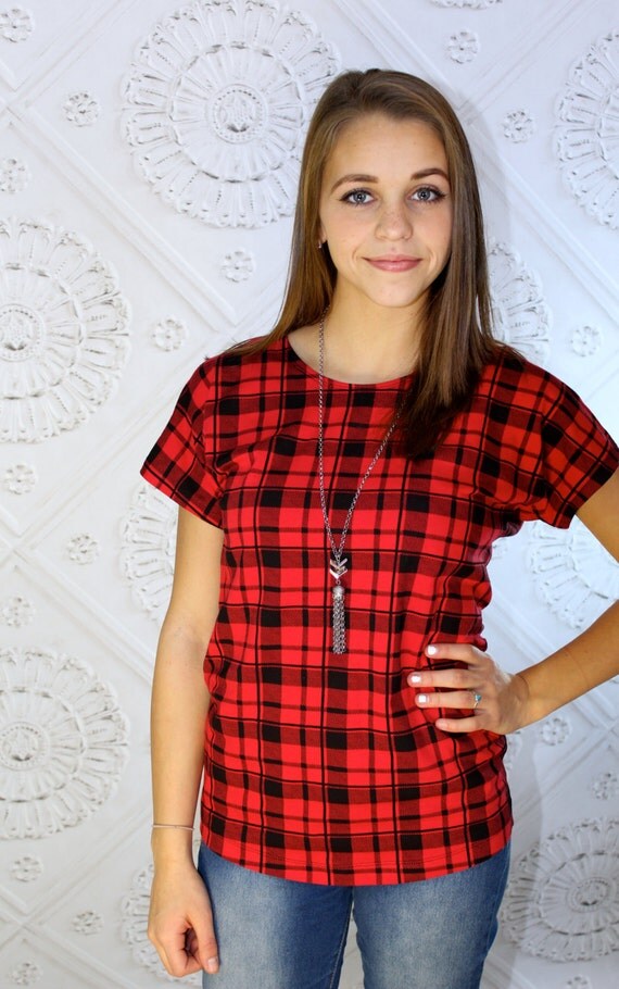 Buffalo Tartan Red and Black Plaid Layering Knit T shirt for