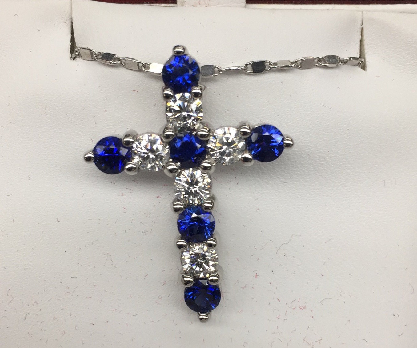 Diamond And Sapphire Cross Pendant Necklace In 14k White Gold
