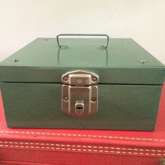 Vintage green metal lockbox industrial box with lock NO KEY