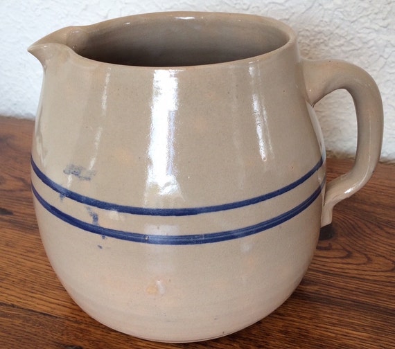 Antique Stoneware Pottery Pitcher Blue Band Hand Thrown