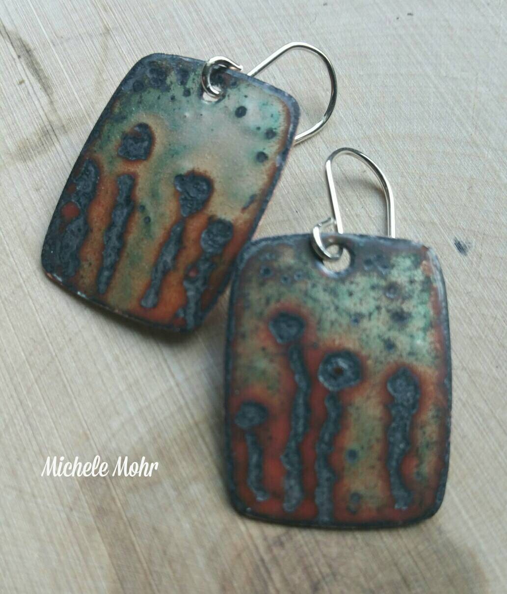 Poppies in a Field Vitreous Enamel Sgrafitto Copper Earrings