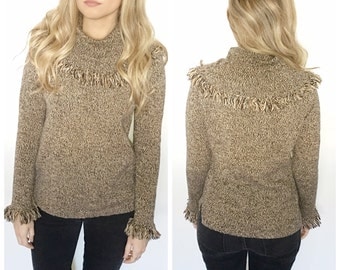 Vintage camel tan cowl neck sweater pullover sweater fringed sweater size small