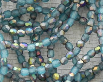 3mm Matte Aqua AB Round Beads -2484- Aqua AB Faceted Fire Polished Round Beads - Matte Aqua AB Firepolished Round Beads
