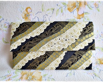 Large envelope clutch japanese kimono fabric black gold evening purse