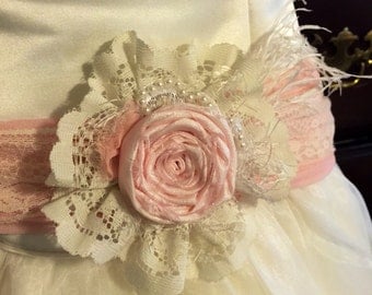 Blush pink wedding dress sash belt bridesmaids maternity sash fabric flower ivory blush pink vintage lace shabby chic feather photo bridal