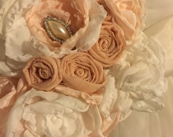 Peach wedding dress sash belt bridesmaids flower girl dress sash fabric flower vintage lace shabby chic photo prop vintage lace dress sash