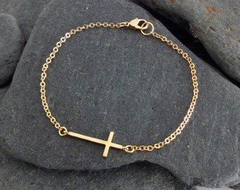 Dainty Bracelet, Gold Cross Charm and Fine Chain, Simple Gold Bracelet, Minimalist Jewellery