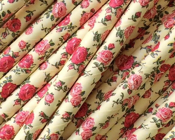 25 Red and Pale Yellow Floral Paper Straws Drinking Straws