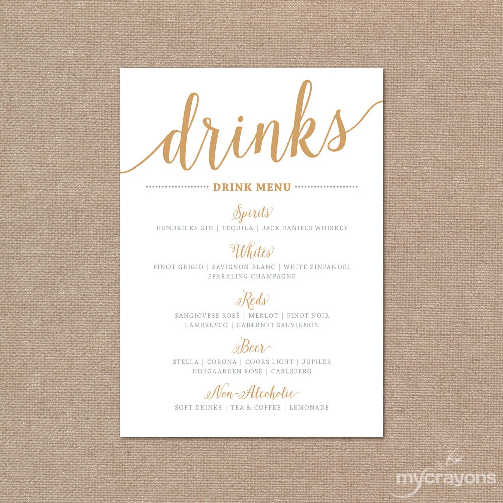 Printable Bar Menu Wedding // Drink Menu Wedding Printable