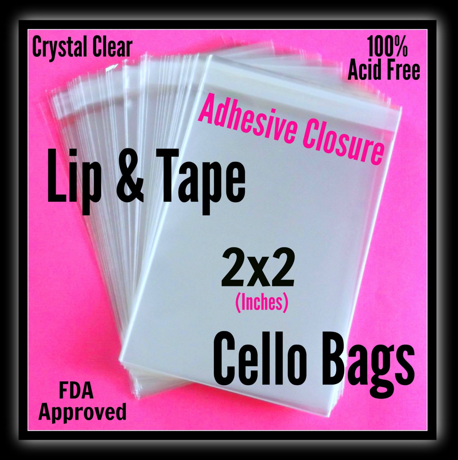 100 2x2 Lip & Tape Cello Bags .. Adhesive / Self Seal