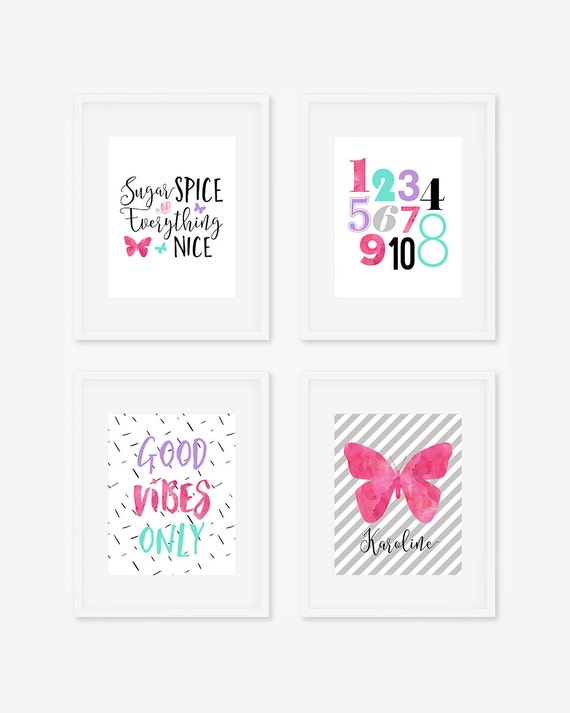 Girls Nursery Prints, Butterfly Nursery, Good Vibes Only Quote Print, Pink and Purple Girl's Room, Butterfly Decor, Sugar and Spice Quote Il_570xn