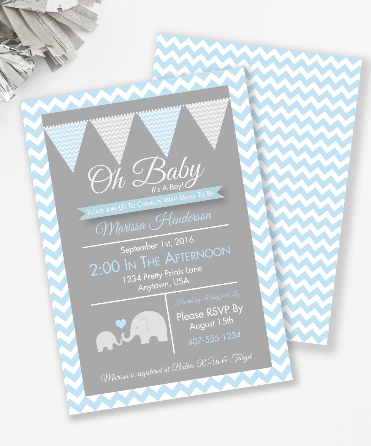 Elephant Baby Shower Invitation Boy baby shower Blue and