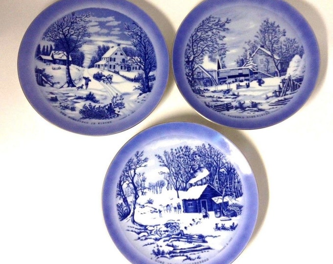 Set of 3 Vintge Currier and Ives Winter Scenes Collectible Plates Porcelain 8 1/2 Inch