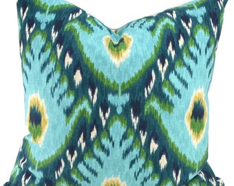 SALE!! Ikat Throw PIllow Cover, Turquoise Ikat Pillow Cover, Turquoise, Teal, Aqua, Navy Green Ikat Throw Pillow, Robert Allen Ikat, 20x20