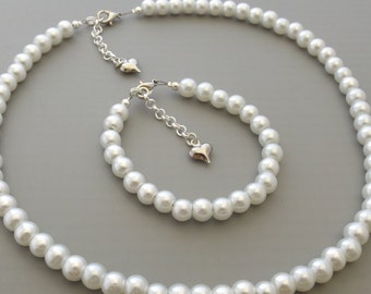 Childrens pearl necklace and bracelet set flower girl set