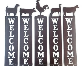 Pig Goat Heifer Lamb Rooster Farm Vertical Welcome Sign made of Rustic Rusty Rusted Recycled Metal