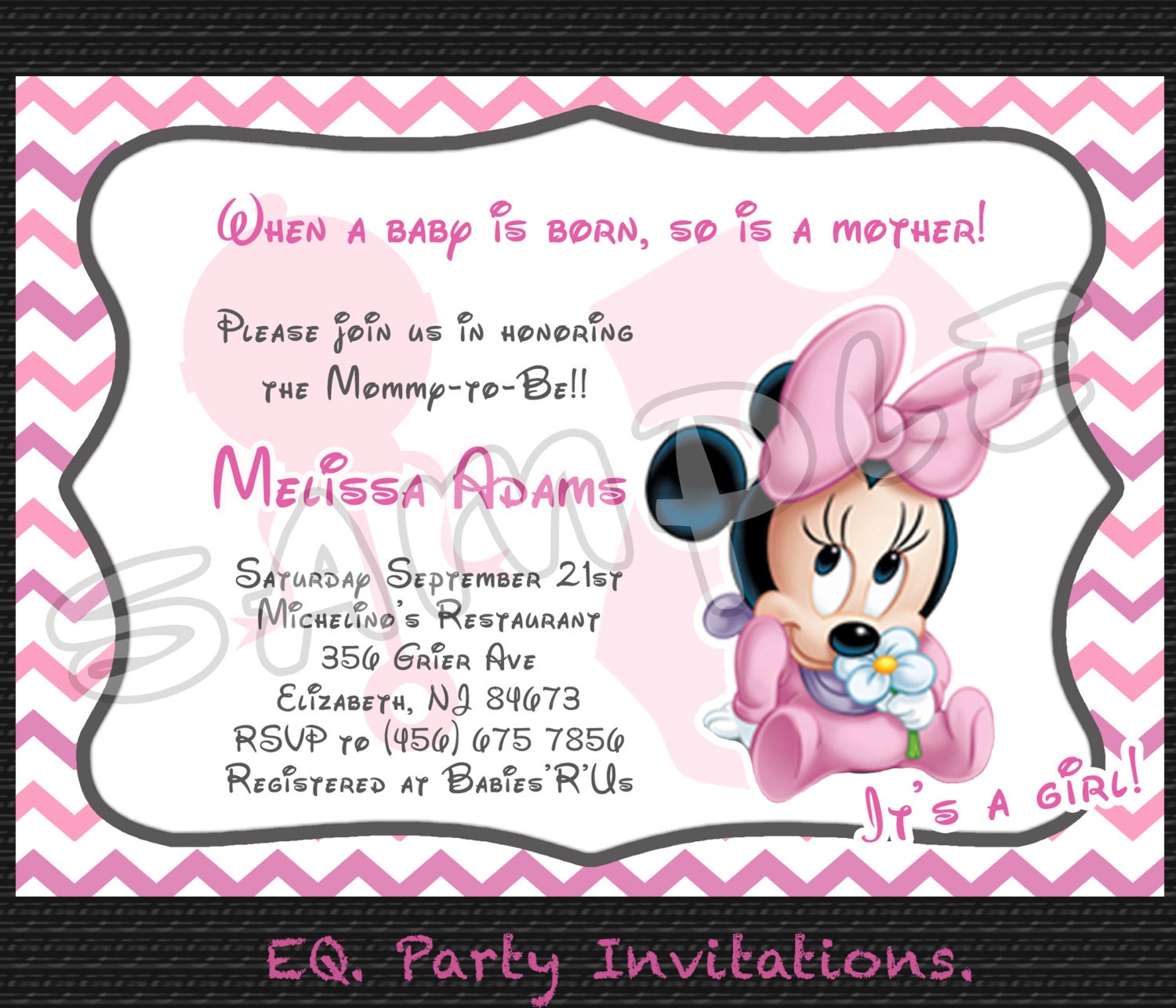 Baby minnie shower mouse printed digital invitations