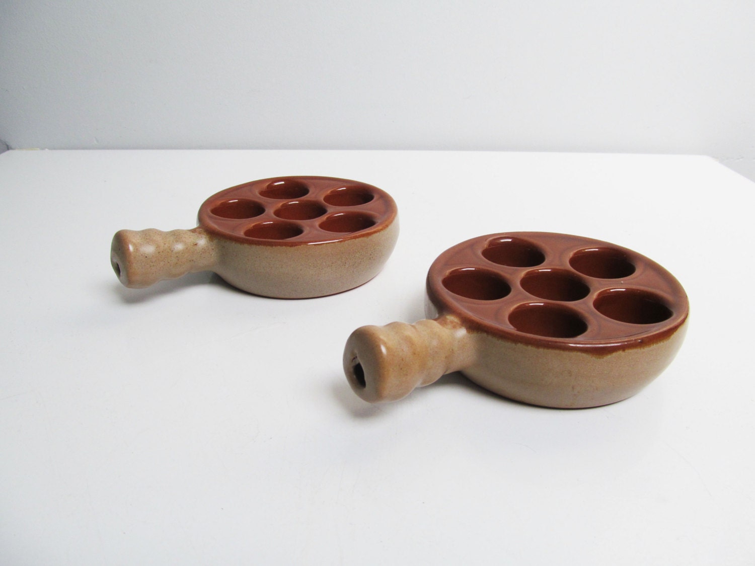 Two vintage retro ceramic escargot dish snail plates serving