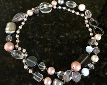 Pink, Silver,Pearl and Plasic Retro Long Necklac