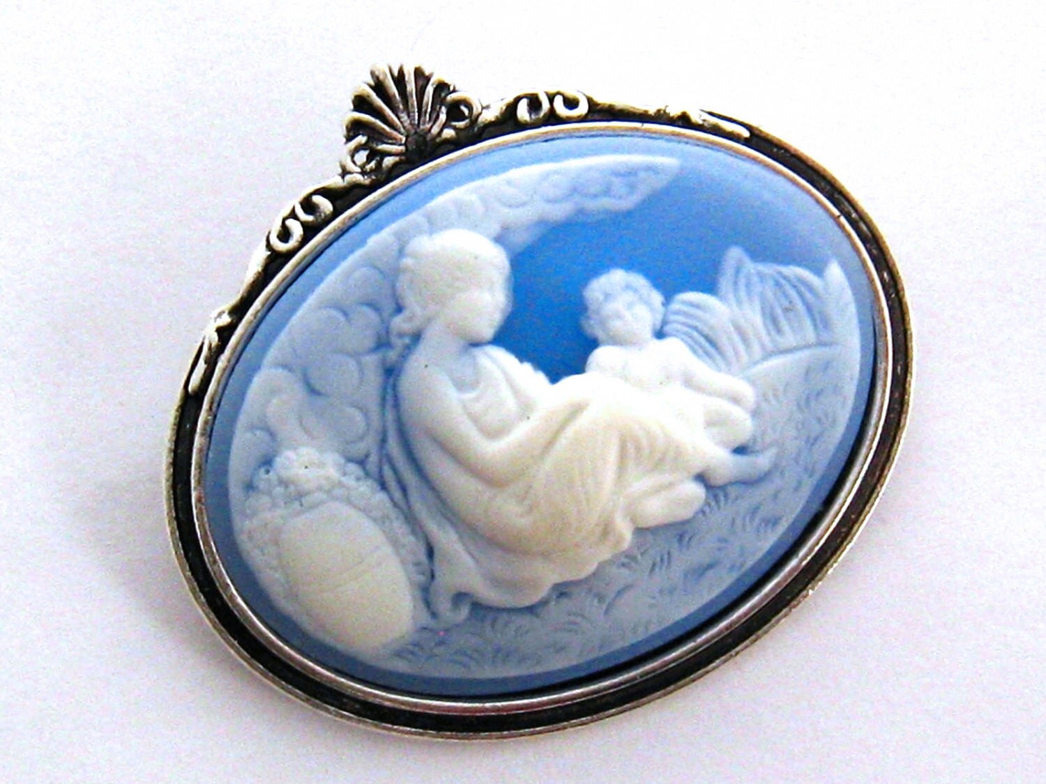 Mother Child Cameo Brooch Mother Child Blue Cameo Pin Mother