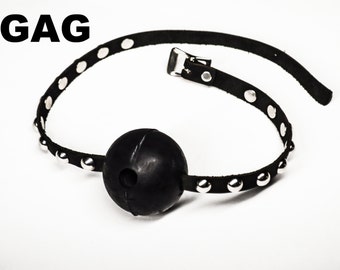 Breathable Ball Gag, Studded Black Leather Straps. BDSM Breath Controle / Noise Controle Bondage