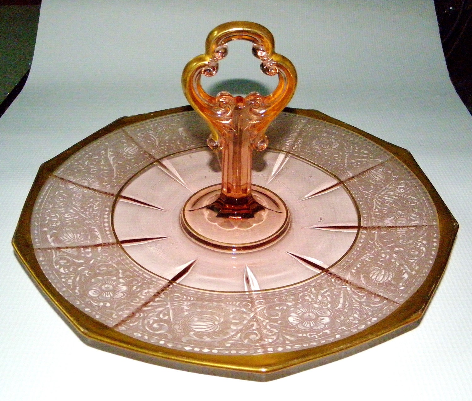 Pink Etched Depression glass Serving Tray with ornate center
