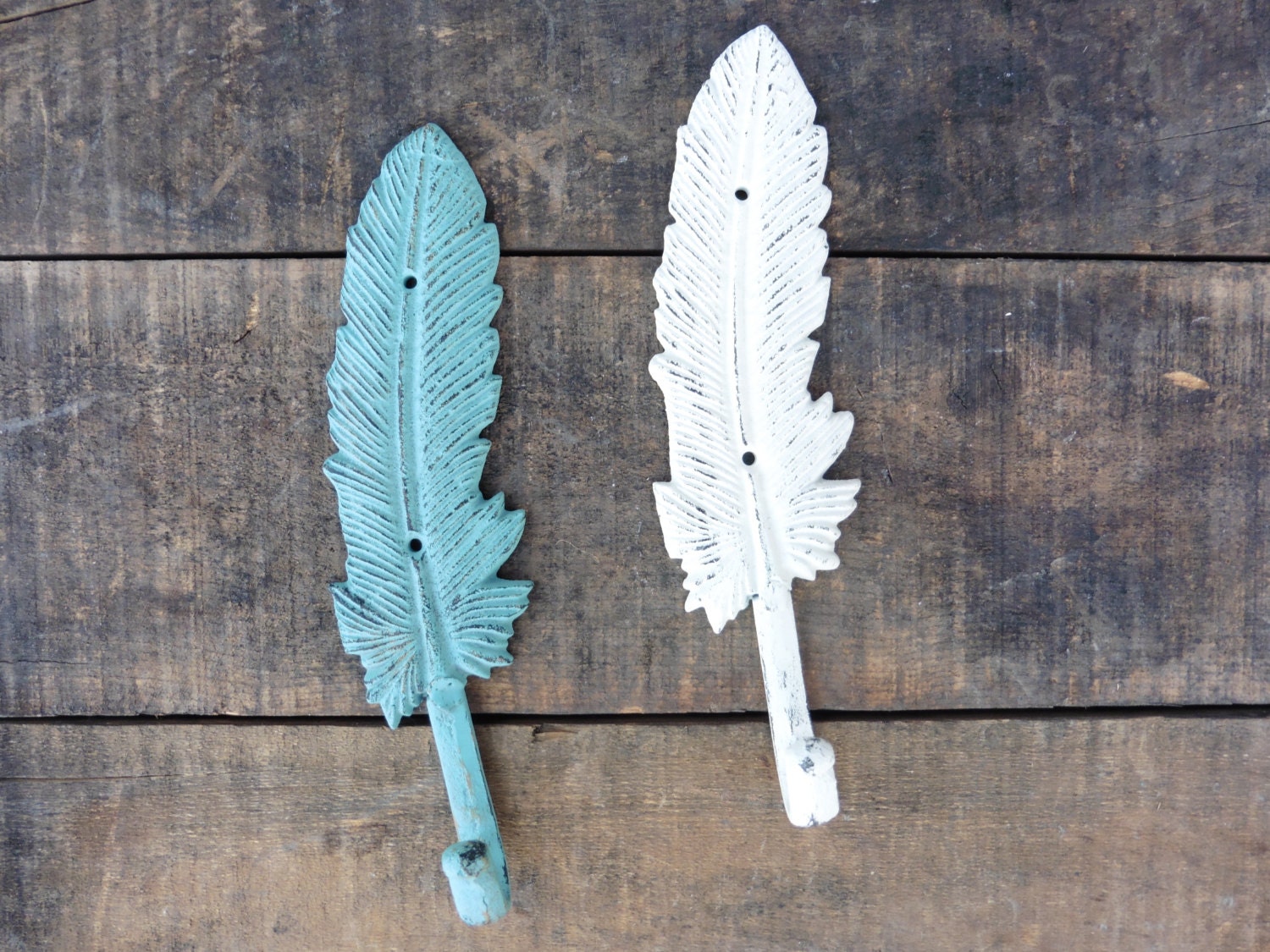 Beautiful FEATHER Wall Hooks Teal Aqua or White Cast Iron
