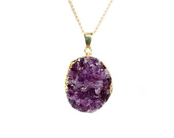 Amethyst druzy necklace - raw crystal necklace - raw amethyst necklace - a gold lined amethyst on a 14k gold filled chain