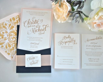Navy, Gold, Blush Pocket Wedding Invitation-Simply Glamorous- (NOT A SAMPLE LISTING) - Colors/wording/materials Customizable