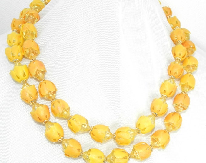 Vintage Signed Necklace. 1940s Yellow Plastic Tulips Necklace, Costume Jewelry, Book Piece Jewelry, West Germany Necklace