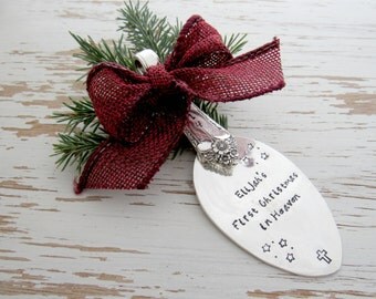 First Christmas in Heaven ornament - loss of baby ornament - miscarriage - remembrance gift - silver spoon - hand stamped - your color