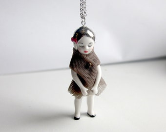 porcelain doll long necklace with beautiful details all handmade perfect gift Capucine