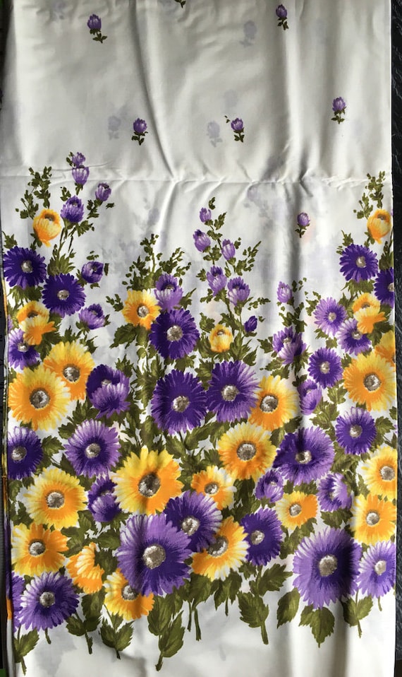 Vintage Floral Border Print Cotton Fabric // 3 yards 33 in by 37 inches wide > purple, yellow on white- dress, skirt