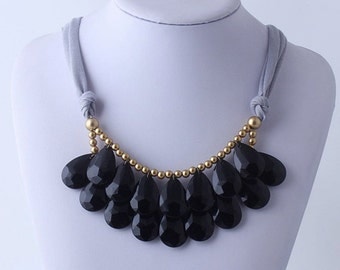 Black Necklace, Bib Necklace, Anthropologie Black Statement Necklace, Teardrop Necklace, Statement Necklace