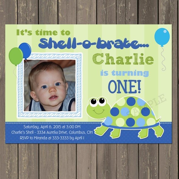 Turtle 1st Birthday Invitation, Blue and Green Turtle Birthday Invite, Photo Invitation, Printable or Printed Il_570xn