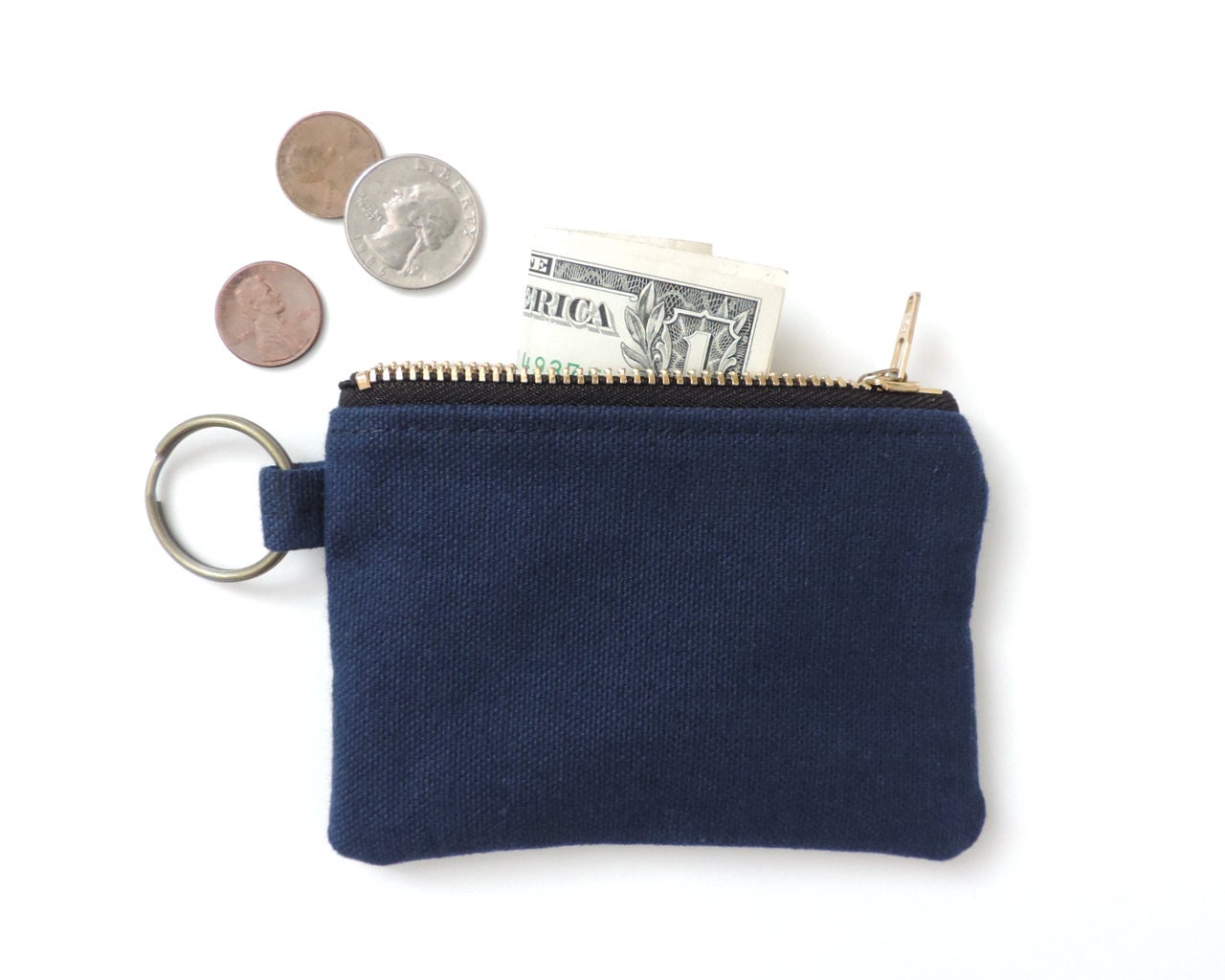 Canvas Keychain Coin Purse Slim Wallet Zipper Pouch Blue