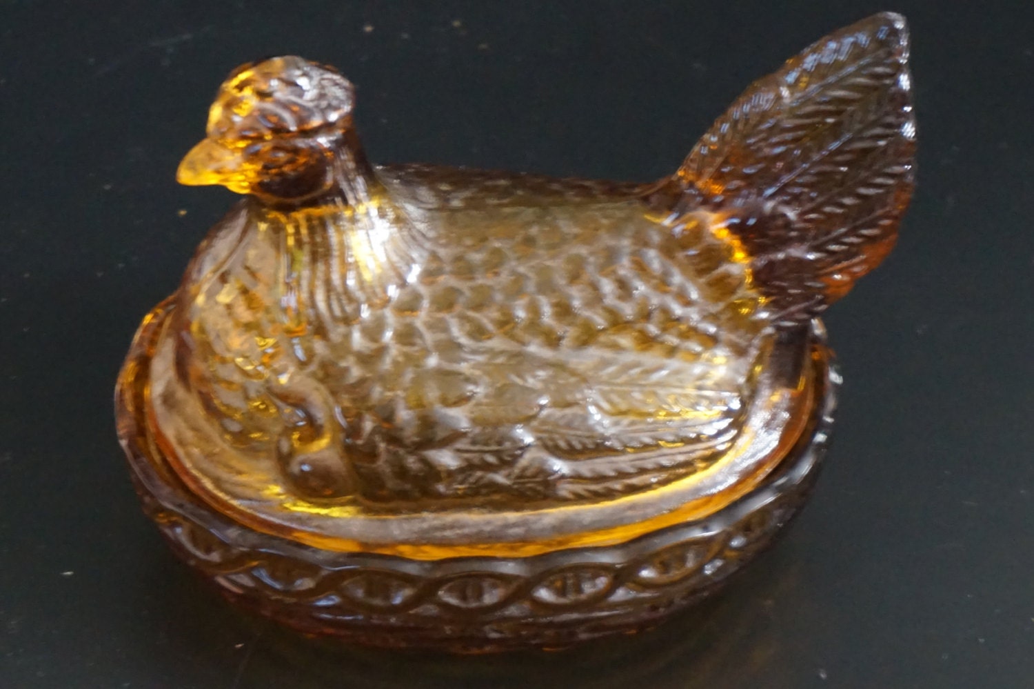 Vintage Amber Glass Chicken Candy Dish