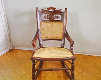 Antique Rocking Chair, Wood Rocking Chair, Rare Cane Chair, Victorian Rocking Chair, Antique Rocker, Antique Furniture, Antique Wicker Chair