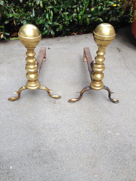 Antique Brass Andirons Cannon Ball Top Brass/Cast Iron Fire