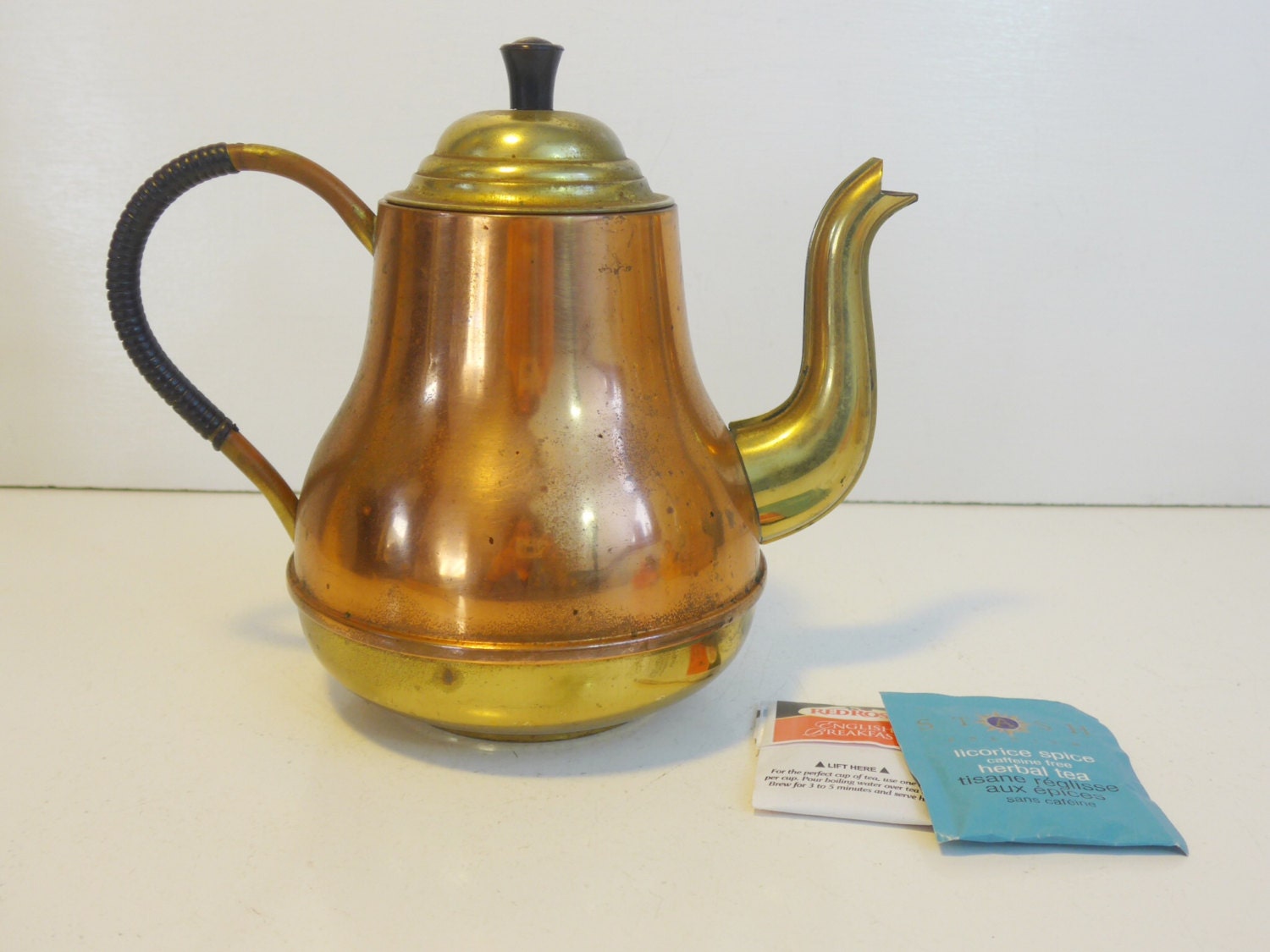 Vintage Copper Brass Coffee Pot or Teapot w/ Lid Wrapped Handle Made