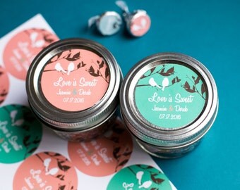 Personalized Mason Jar label Wedding favor Bridal Shower sticker Wedding decor Love Birds Party favors Ready to use 2" Round label Custom