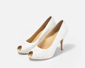 Lace White Wedding Shoe with Bow. Peep Toe Lace by ChristyNgShoes