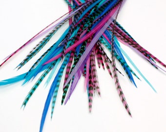 Real Feather Hair Extensions : 25 Short Skinny 7-9 inch Berry Mix + Rings / Loop