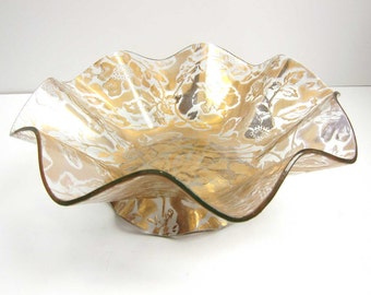 Vintage Ricco Verre Belgium Glass Gold Floral Ruffled Console Bowl / Slump Glass Embossed Gold Flowers